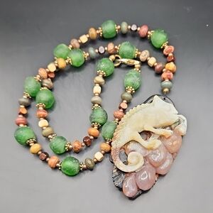 Handcrafted Green and Brown Beaded Chameleon Necklace